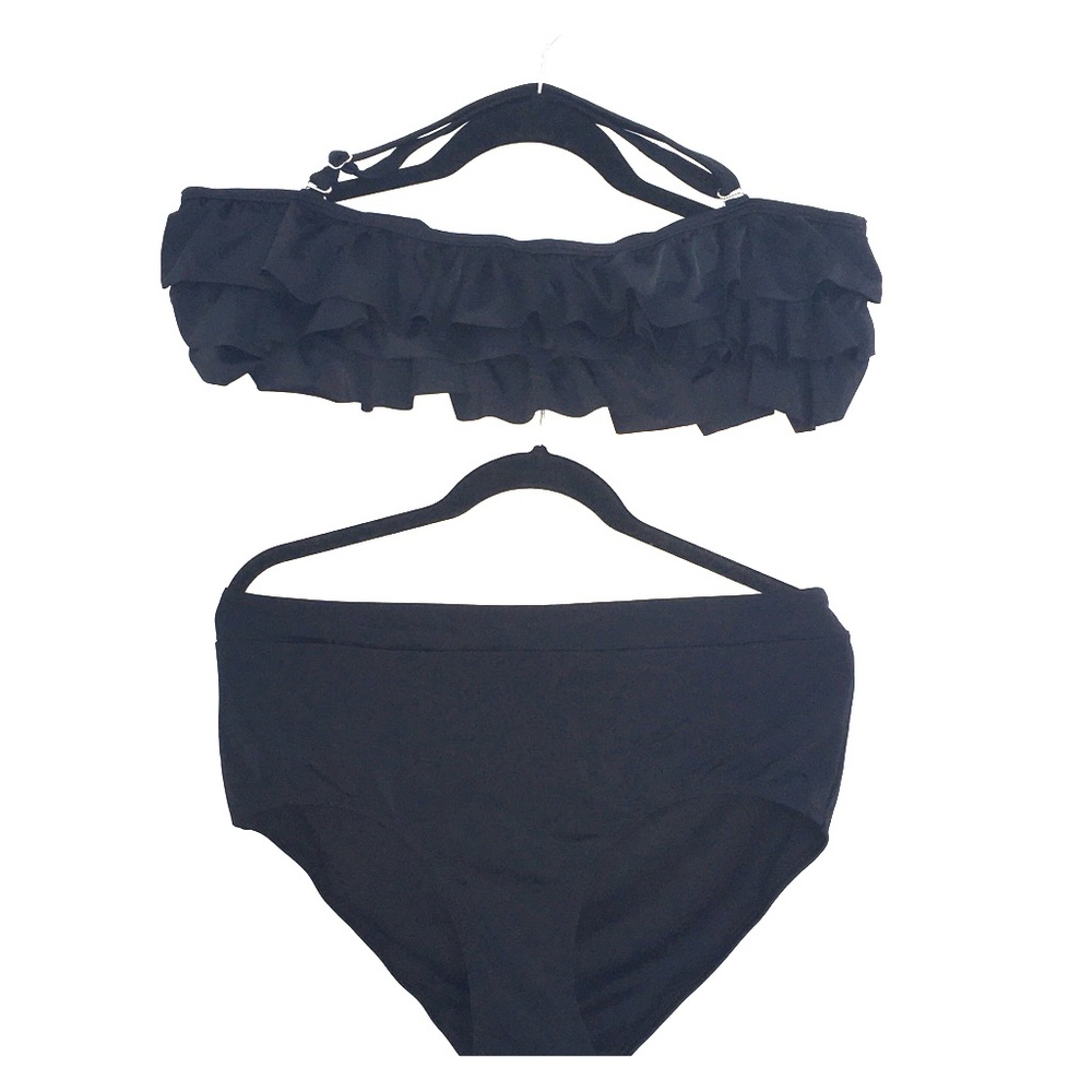 Black ruffle bandeau two piece bikini high waisted